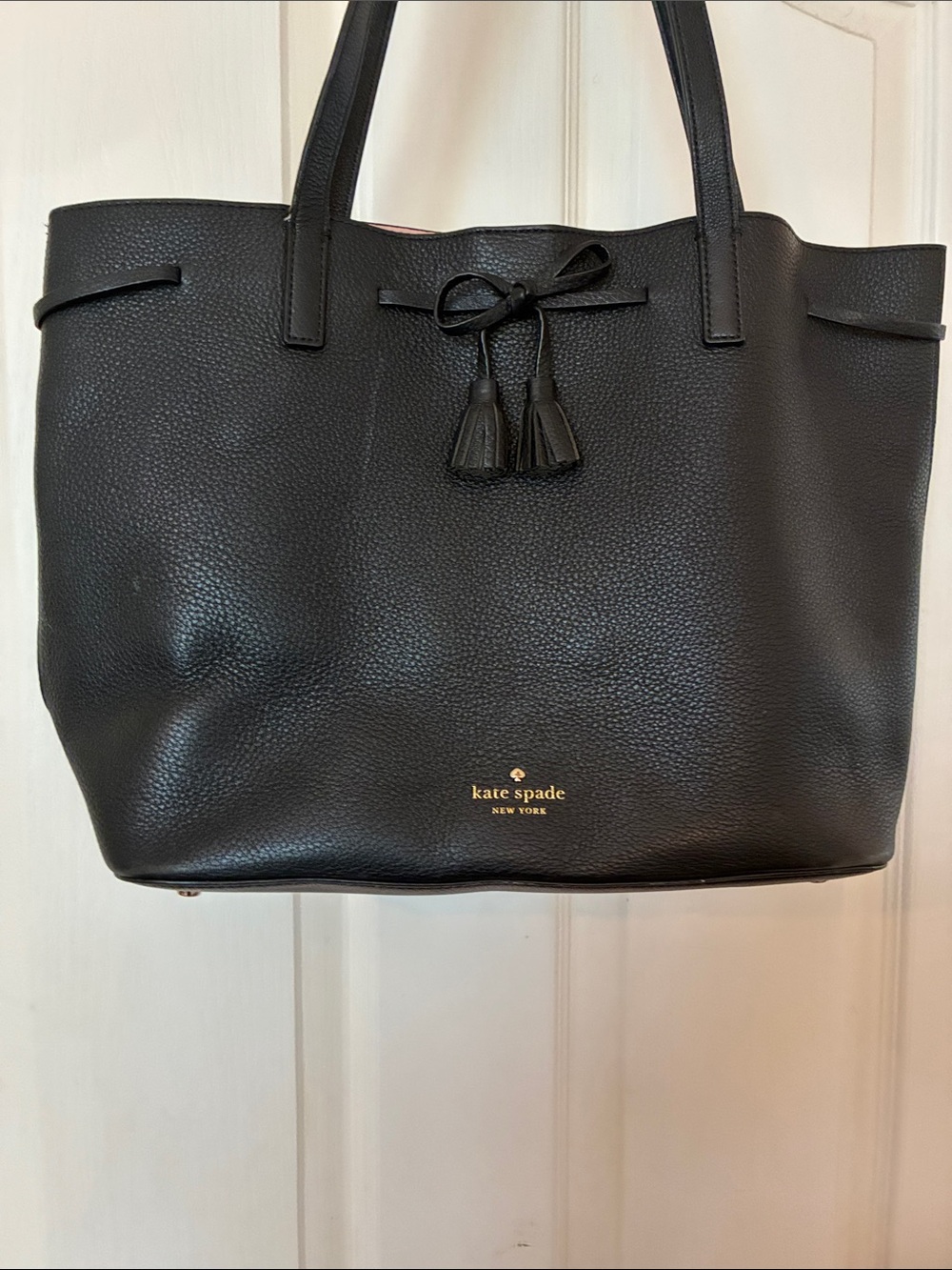 kate spade Black Pebbled Leather Tote with Tassel Detail